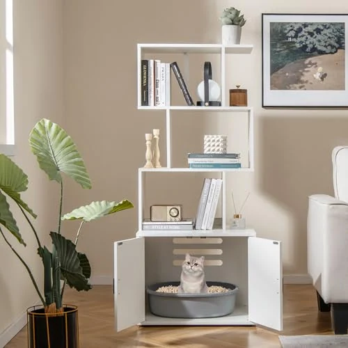 White litter cabinet bookcase with both front doors open and three open shelves