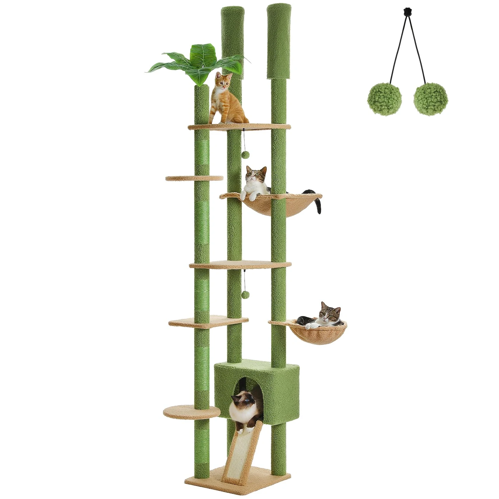 green cactus floor to ceiling cat tree with condo and hammock