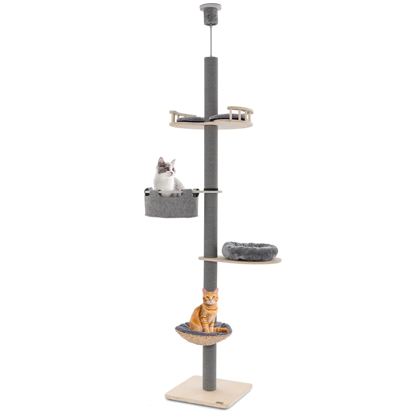 grey five level floor to ceiling cat tree with hammock and basket