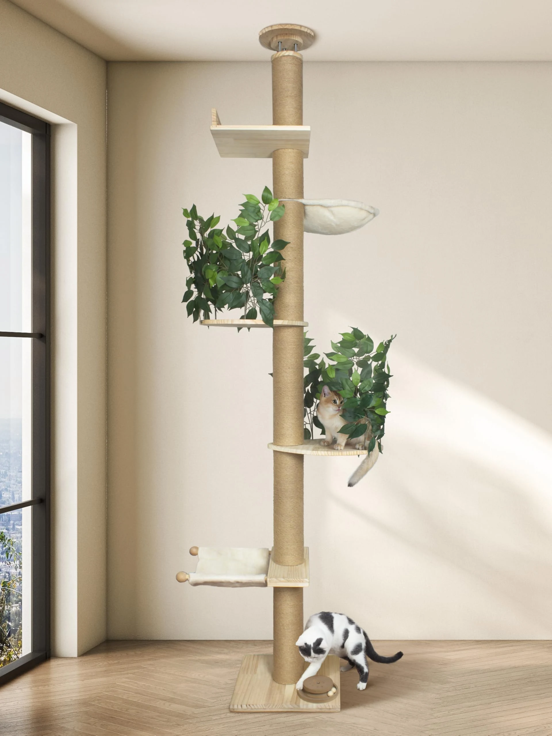 minimalist floor to ceiling cat tower with thick posts and hammocks