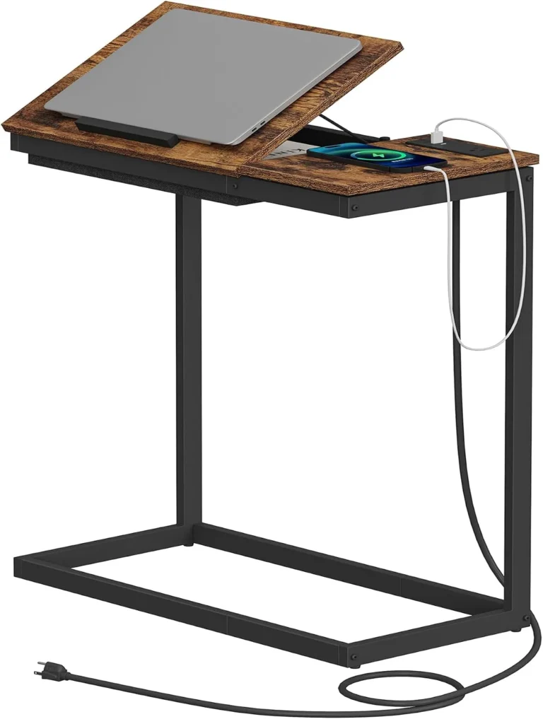 Brown C-shaped charging table with tilting top and concealed storage